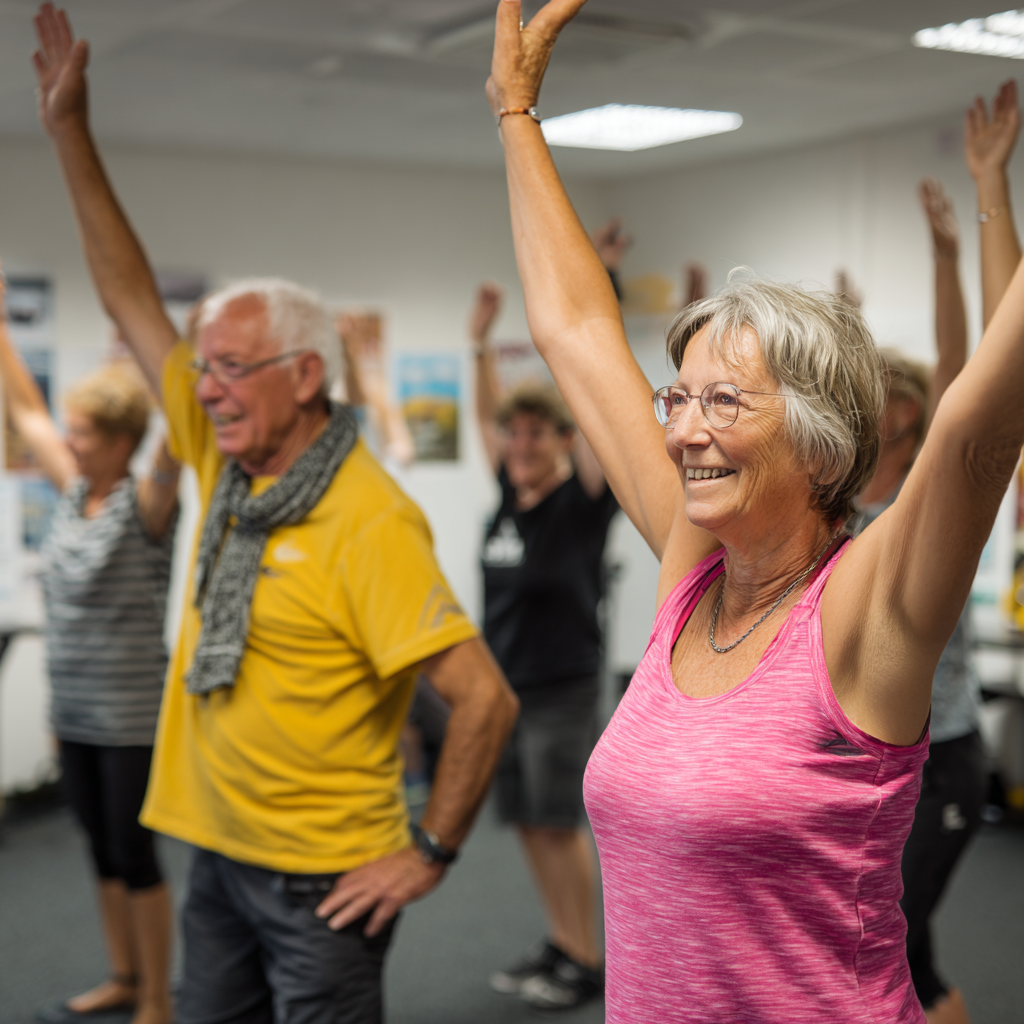 Adults of various ages participating in guided fitness sessions