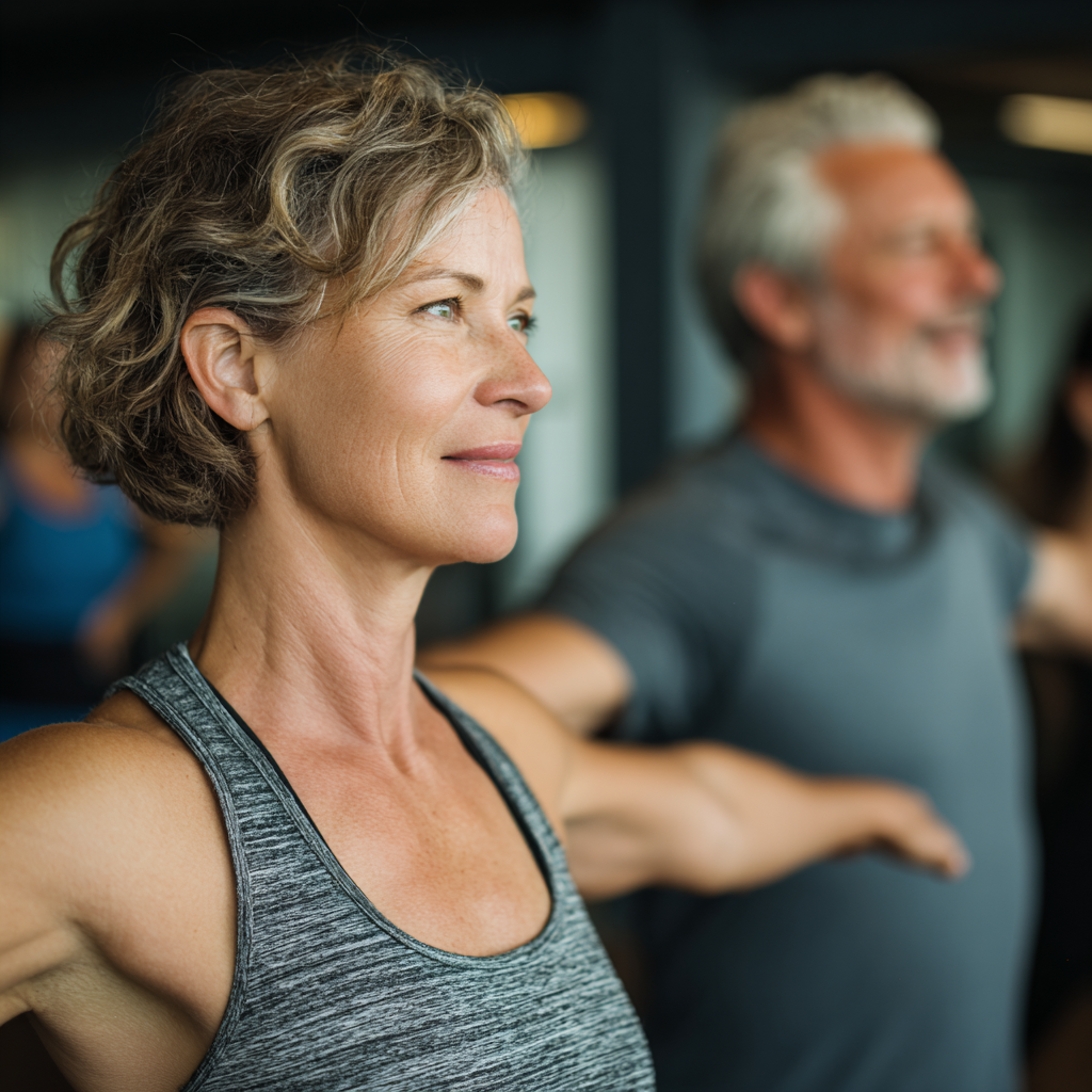 Middle-aged adults engaging in diverse fitness activities